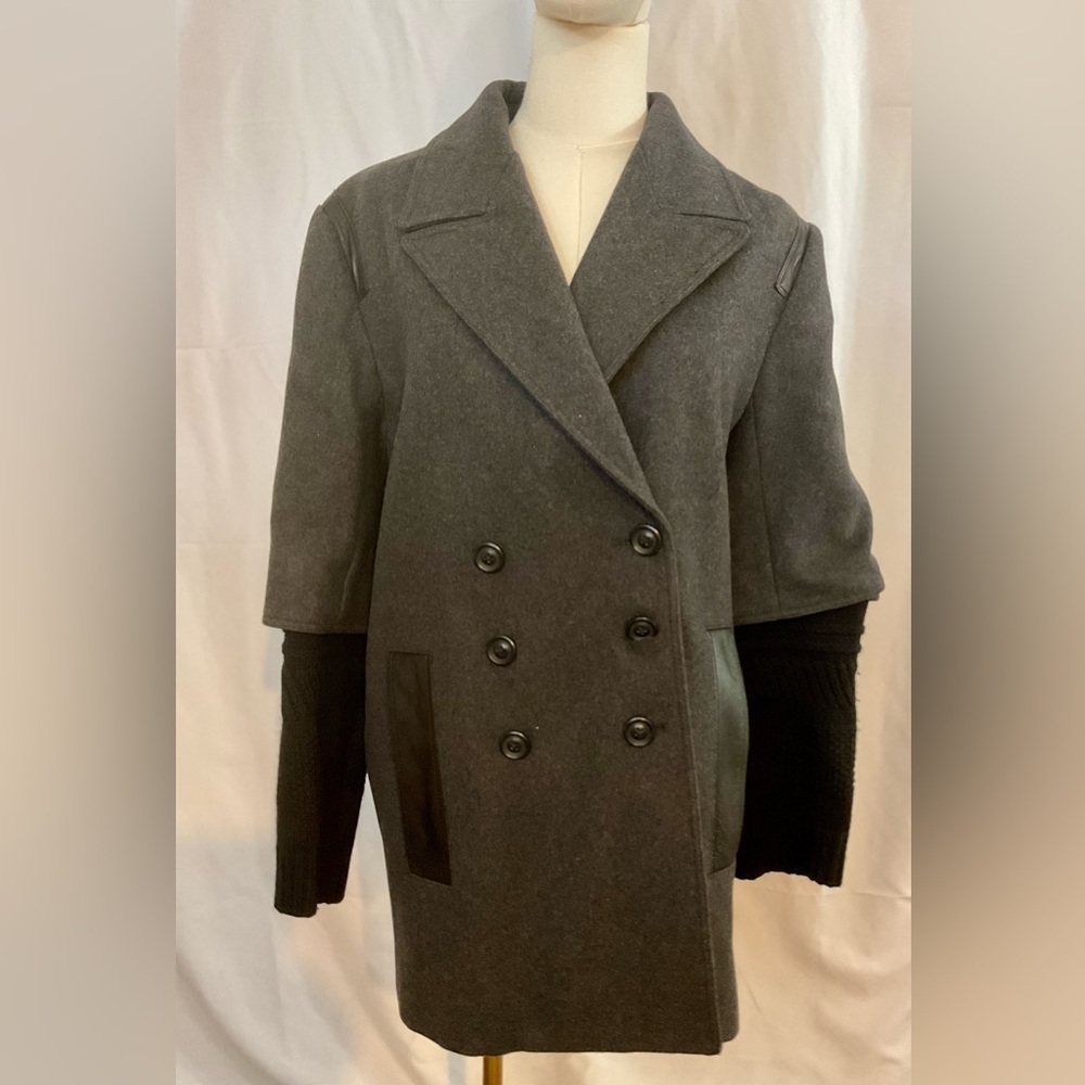 Yigal Azrouel charcoal gray wool coat 3/4 sleeve w/black leather size 10